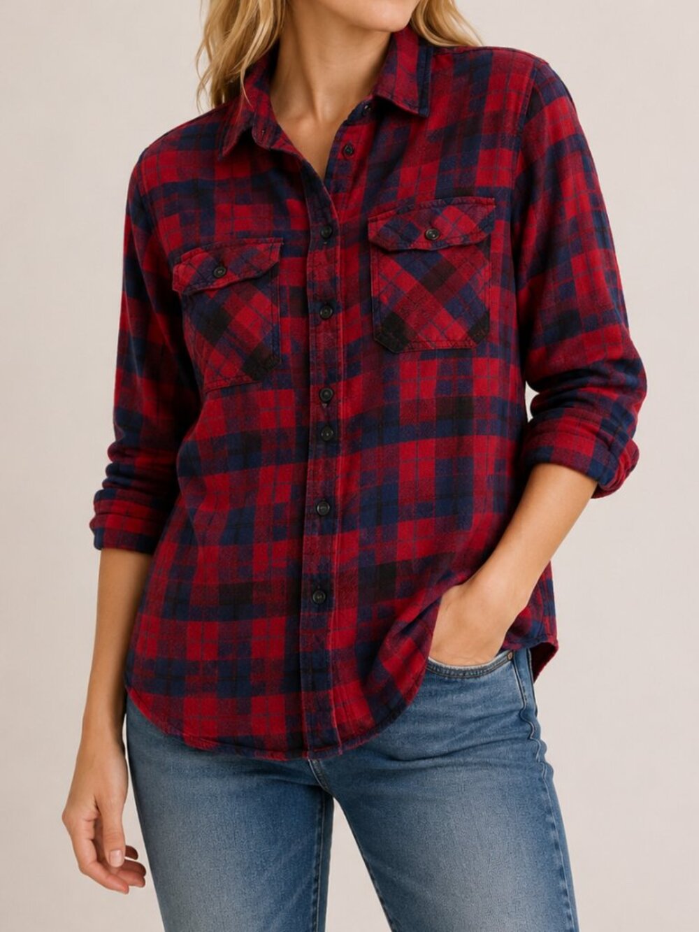 Bluenotes Red Black Buffalo Plaid Flannel Shirt Women's Medium Button Front Cott
